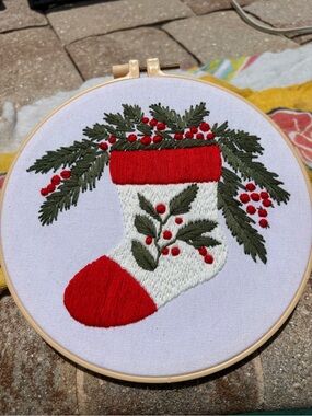 Hand-Embroidered Holiday Stocking 8” Hoop Art - Red & Green